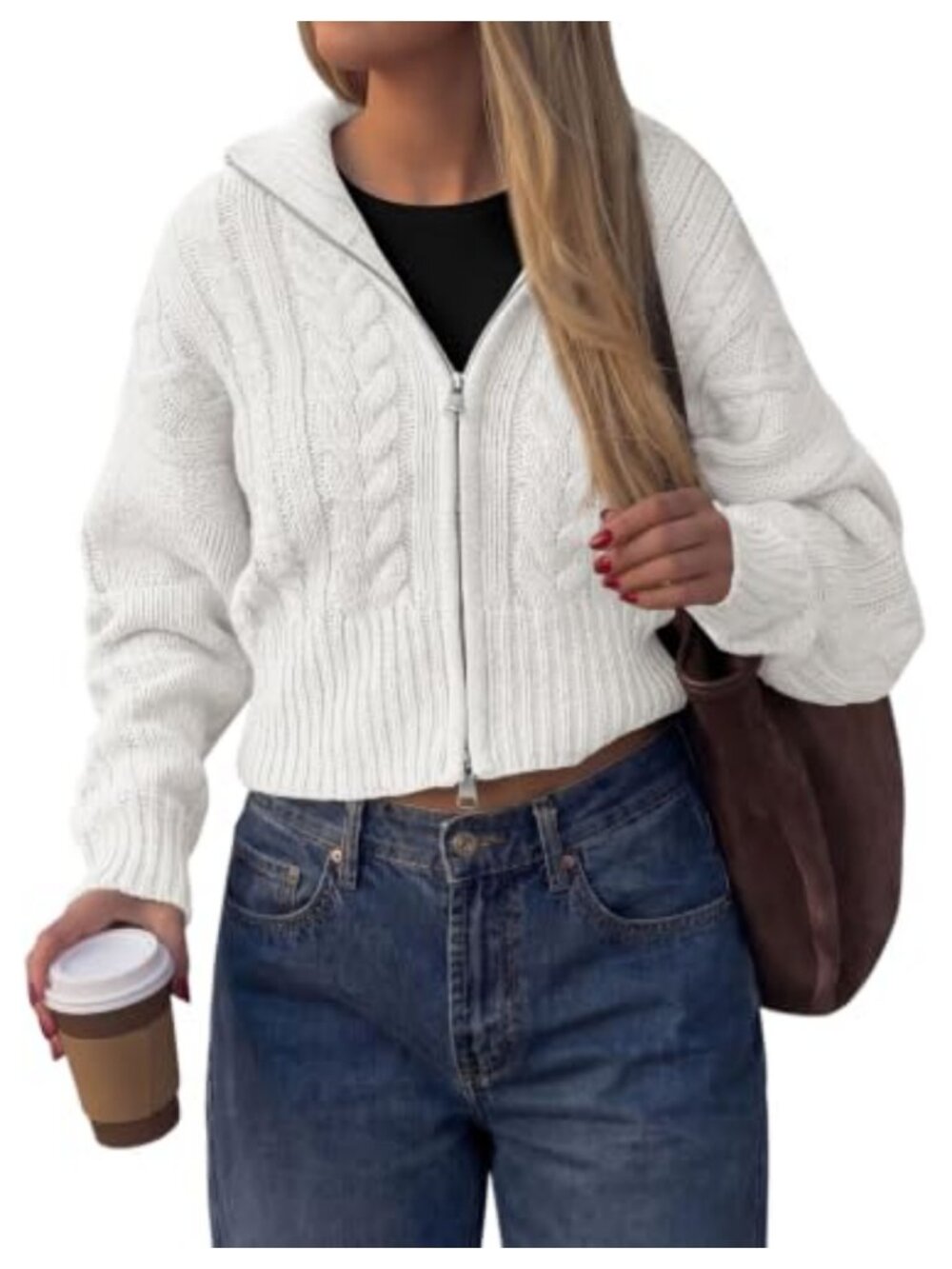 Cable Knit Cropped Cardigan Zip Up Long Sleeve Sweater
